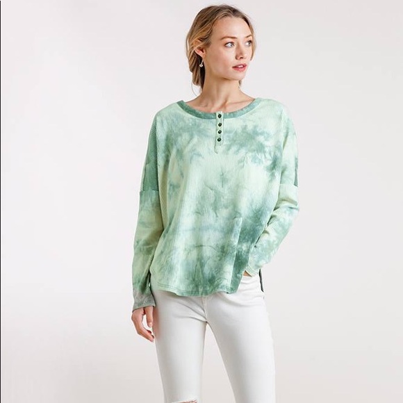NEW Tie Dye Ribbed Button Front Long Sleeve Top - Picture 2 of 3